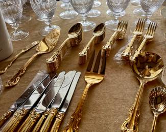 Vintage Goldtone Supreme Cutlery by Towle Flatware Set, Vintage Mikasa “Gold Crown” Ice Tea Stemware-Have 18
