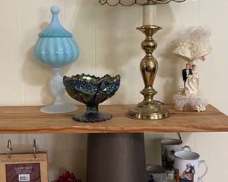 Brass Lamp, Antique Venetian Hand Blown Glass Compote with Opalescent Cameo Medallion, Fenton Carnival Glass Black Amethyst Compote, Vintage Cake Topper