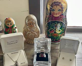 Vintage Russian Nesting Dolls, Sterling Silver Jewelry