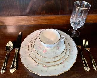 Vintage Mikasa Ivory Bone China “Remembrance”  AB002 Japan-Service for 12. Vintage Goldtone Supreme Cutlery by Towle Flatware Set, Vintage Mikasa “Gold Crown” Ice Tea Stemware-Have 18