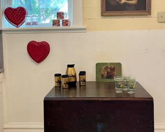 Antique Drop-leaf Table, Whataburger Yellow Rose Glasses