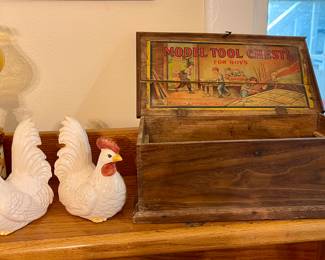 Vintage Fitz & Floyd Chicken Bookends, Old Model Tool Chests Wooden Box