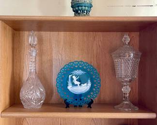 Blue & White Holland Lines Collectibles, Westmoreland Blue Satin Glass Hand-painted Plate