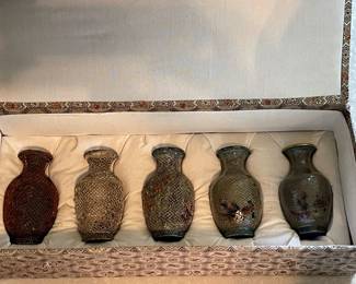 Complete Set Rare Chinese Demonstration Plique-a-jour Vases Circa 1920-40 in Original Box