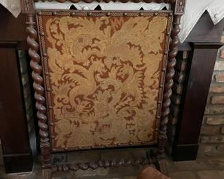 Antique Needlework fireplace screen with barley twist frame