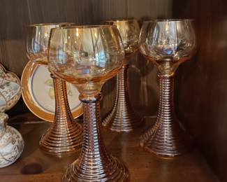 Bohemian Romer wine glasses with ribbed stem