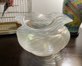 Large white opelescent ribbed glass bowl/vase. 
