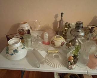 Large selection of antique light fixtures, globes, lamps, lamp parts