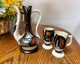 Tapa Print Pair of Footed Coffee Mugs and Coffee/Tea Pot - Made in Hawaii