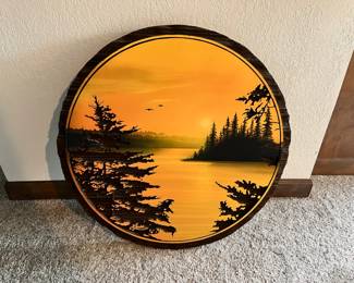 Painting on Round Wood Plaque Signed Larson
