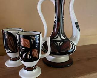 Tapa Print Pair of Footed Coffee Mugs and Coffee/Tea Pot - Made in Hawaii