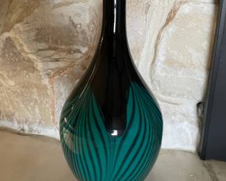 Teal/ Black Feather Design Art Glass Vase