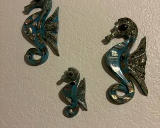 Set of 3 Lucite Acrylic Abalone Shell & Green Seahorse Wall Art