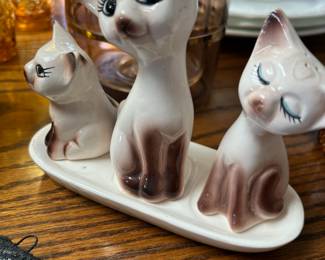 1960's Ceramic Siamese Cat Salt & Pepper Shakers & Toothpick Holder with Tray
