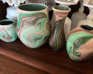Brown/Green Swirl Pottery Vases - 4 Varying Sizes