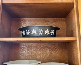 PYREX Daisy Orange 1 1/2 Quart Casserole Dish, PYREX Black Snowflake 2 1/2 Quart Casserole Dish, Pair of Anchor Hocking Blue Cornflower Casserole Dishes