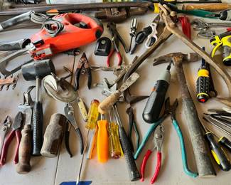 Assortment of Hand Tools - Screwdriver, Wrenches, Hammers, Pliers, Tin Snips