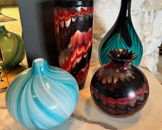 Turquoise/White Swirl Art Glass Vase, Teal/ Black Feather Design Art Glass Vase, HD Design Red/Black Art Glass Vase
