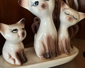 1960's Ceramic Siamese Cat Salt & Pepper Shakers & Toothpick Holder with Tray