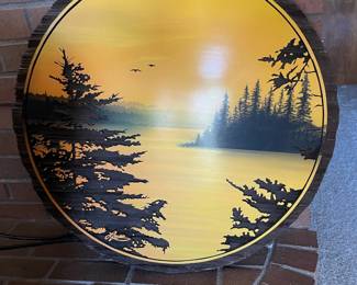 Painting on Round Wood Plaque Signed Larson