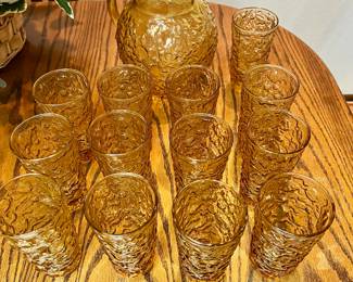Anchor Hocking Amber Milano Ball Pitcher with 13 Juice Glasses 