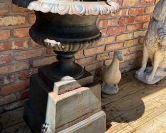 Antique Cast Iron Garden Urn on Cast Iron Plinth-$400