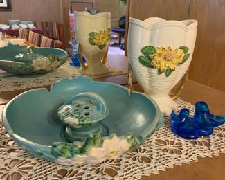 collectible pottery, Hull vase, WONDERFUL Roseville dish with frog for flower display , also Bluebirds of Happiness 