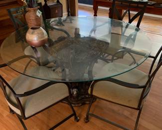 pedestal base glass top table and chairs, multiple use