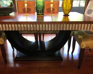 Outstanding Art Deco burl wood top dining table with 2 leaves & 6 chairs, commissioned new by our clients. This is a beautiful & rock solid set that  will last a lifetime! 