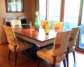 Amazing Antique Art Deco custom made (for my clients) dining room table with six chairs & 2 leaves. Beautiful burl wood top! A Solid set that will last a lifetime! 