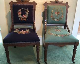2 Antique Eastlake Chairs with Needlepoint Upholstery