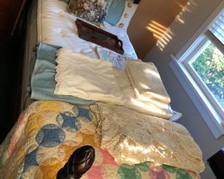 Pillows, Tray,  Bed Linens (Coverlet and Shams, Cotton Eyelet Shower Curtain, Denim Bed Skirt, Crochet Bed Spread, Vintage Quilt).