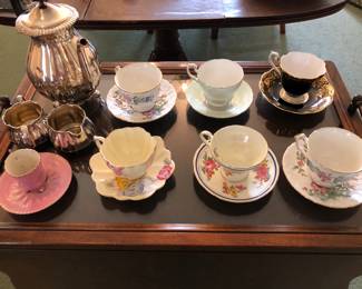 Silverplate Teapot and Cream Sugar set. Friendship cup and Saucer tea sets (Ainsley, Paragon, Royal Albert)
