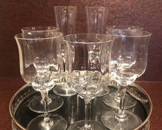 Baccarat Crystal Stemware - Capri pattern. Round Silverplate tray.