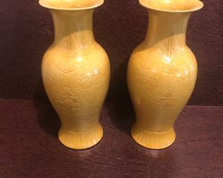 Pair o f Yellow Chinese Incised Procelain Vases, Circ. 1920-1930. Approx 6.5in tall.
