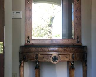 Stunning Burl Wood and Ormolu/Brass Demilune Console with Green Marble Top and matching Mirror.   Total Height with Table and Mirror combined is approximately 92" tall.                 