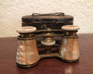 Antique Marchand Paris Opera Glasses, Mother of Pearl clad base and Leather case