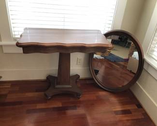 Antique Game Table. Round Wood Framed Mirror.  Table Measures H: 30in | L: 33.3/4in | 16.3/4in W (when table top is closed). 