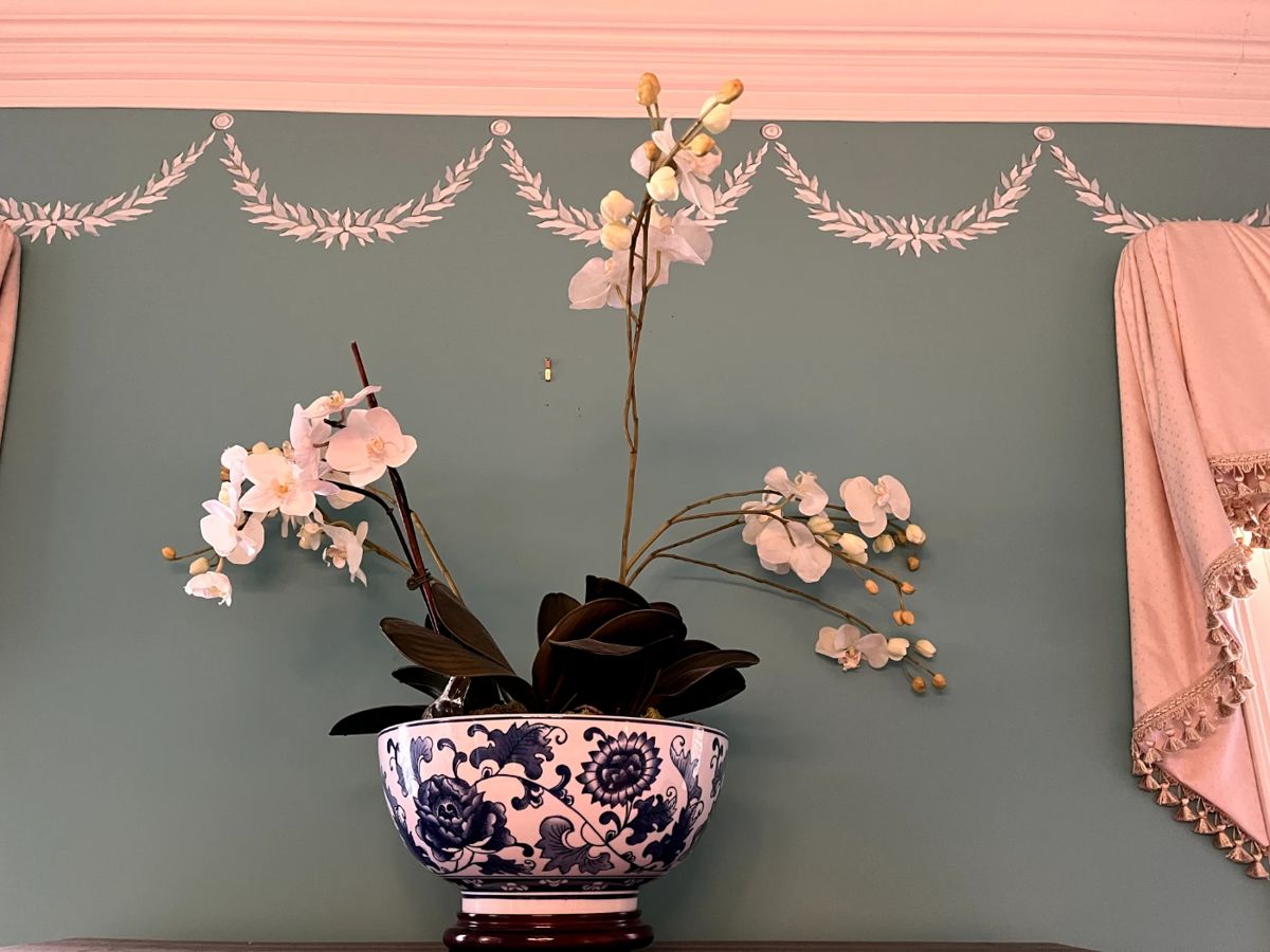 #20 Orchids in large Blue Vase w/wood Stand $75.00
