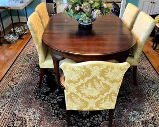 #17 Wood Table w/2 leaves & q/a legs on wheels - 48-72x48x29T w/6 gold Fabric covered dining Chairs (2 captains Chairs) $275.00