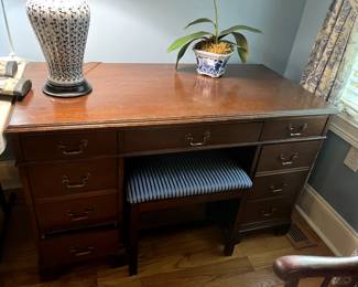 #158 Wood Antique Knee hole Desk w/7 Drawers w/stool - 48x23x30 (as is finish) $75.00