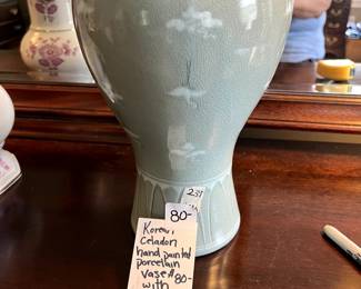 #239 Korean Celadon Hand-Painted Porcelain Vase w/Crane Motif $80.00