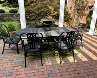 #71 Summer Classics Double Lattice Cast aluminumDining Table w/6 Arm Chairs w/Long - 84x42 x29 w/umbrella Hole and 6 Cast Aluminum Chairs $1,500.00