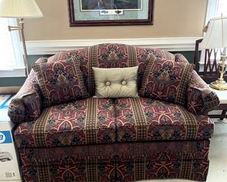 #264 Temple Red/Navy Loveseat (upstairs, you move) Hide-a-bed - 55" Long $75.00