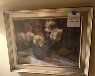 #397 Table Bouquet and lemon by Vanessa Miller original oil 16x12 $600.00