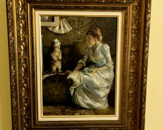 #176 Art- MBR Antique Heavy Gold Frame w/Acrylic Painting of Lady w/Dog - 21x24 $325.00