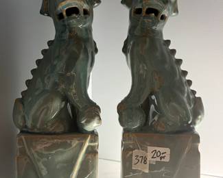 #378 Set of Teal Green Salt Glazed Foo Dogs - 10" Tall $20.00