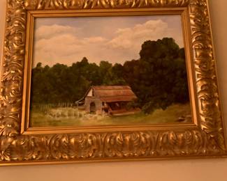 #396 art condo Log cabin original oil painting signed in a gold frame 11x14 was 575.00 NOW $432.00