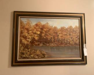 #407 Original oil of woods and lake by Jean W Wood $300.00