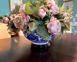 #18 Large Peony Flower Arrangement in a blue & White large Bowl on Wood Stand $75.00